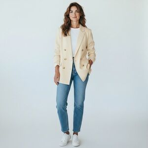 Zara Cream Linen Blend Double-Breasted Blazer, Size Small